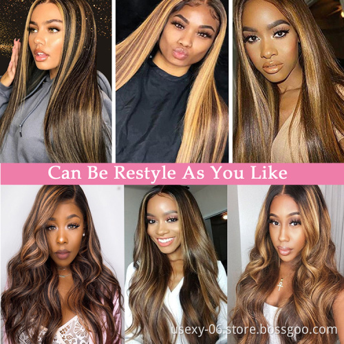 Wholesale brazilian body wave piano wig hd transparent lace front virgin human hair wigs honey blonde highlight lace front wig